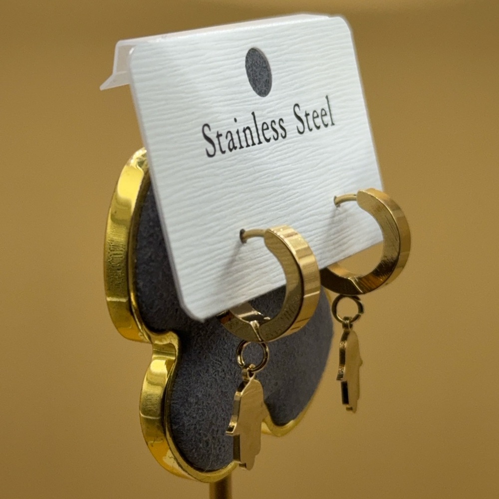 Gold Hamsa Stainless Steel Earrings - Picture 4 of 4